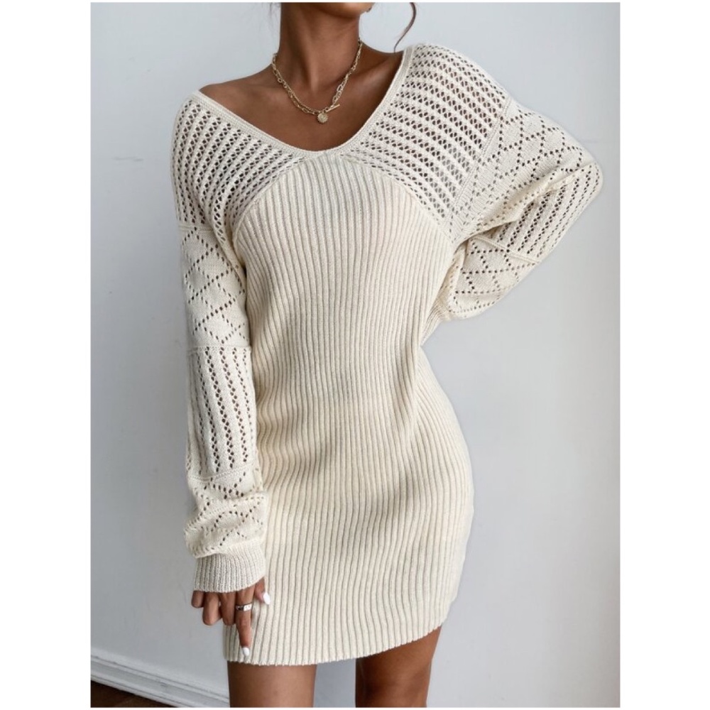 Cozy Cream V neck Lantern Sleeve Sweater Dress - Picture 1 of 4